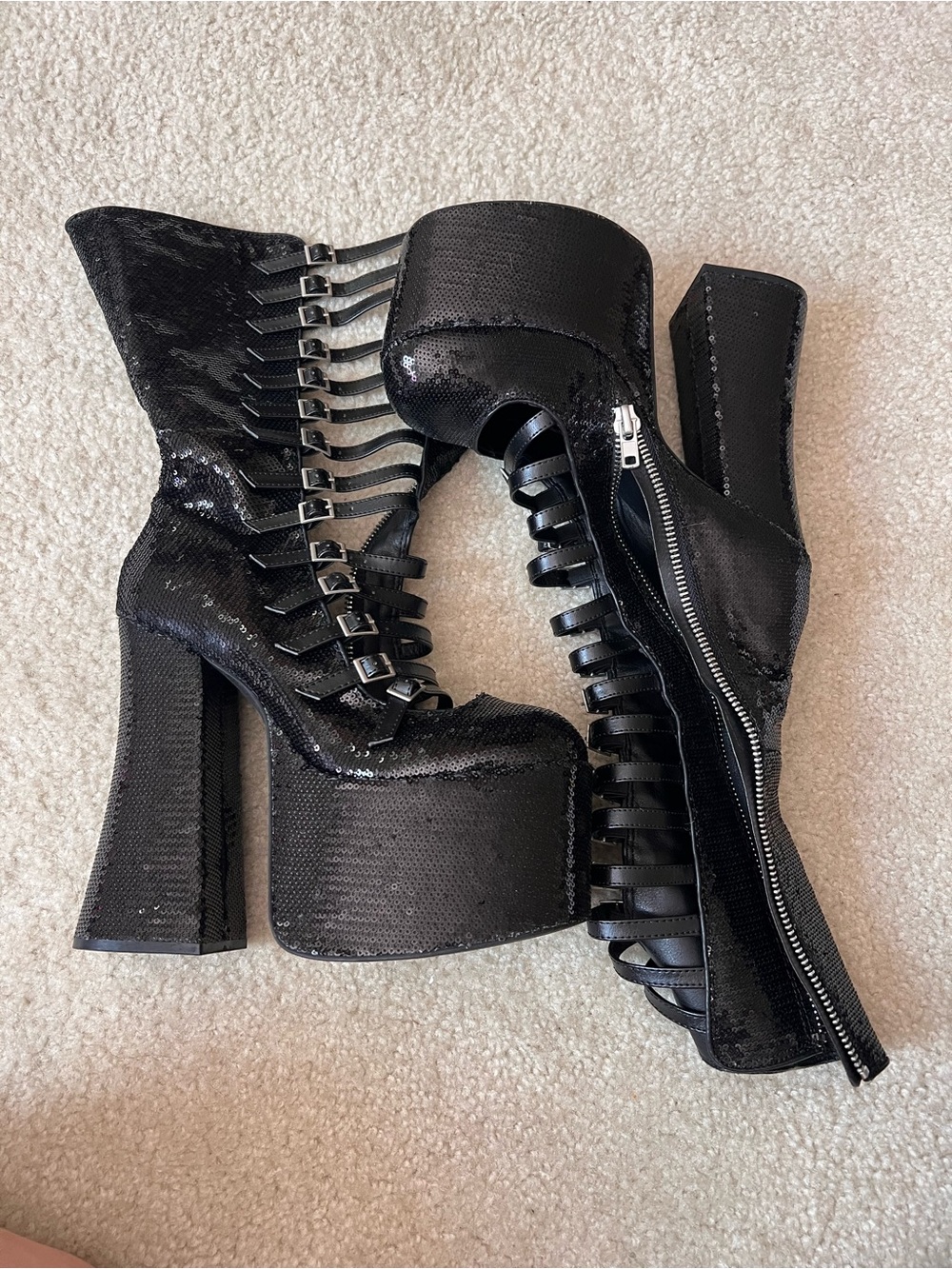 Dollskill Selena Black Sequin Platform Lace-Up Boots